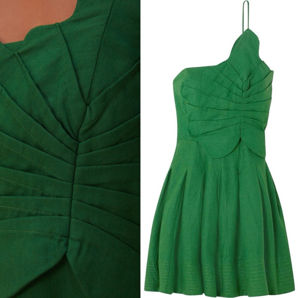 Farm Rio One-Shoulder Lea Mini Dress Green Linen Blend Size Medium - Picture 9 of 16